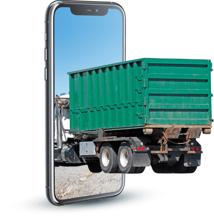 grafica telefono e camion con cassone per ritiro rifiuti