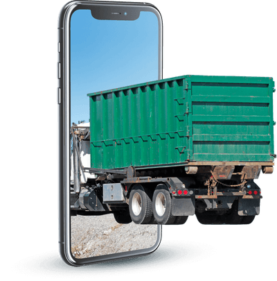 grafica telefono e camion con cassone per ritiro rifiuti